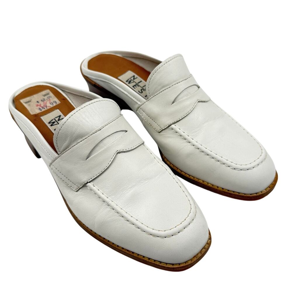 Vtg Nine West White Leather Mule Loafers Chunky Heel Minimalist 90s Y2K 7.5